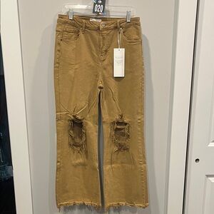 Stylish Tan Distressed Wide Leg Jeans